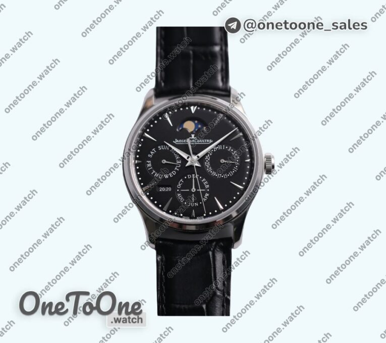 Реплика часов Jaeger-lecoultre Master Ultra Thin Perpetual Calendar Stainless steel Top-tier Копия один в один Gray&Black&White Dials Black Leather Strap V2