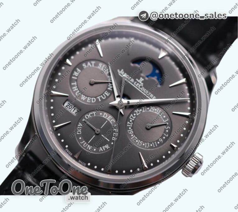Реплика часов Jaeger-lecoultre Master Ultra Thin Perpetual Calendar Stainless steel Top-tier Копия один в один Gray&Black&White Dials Black Leather Strap V2