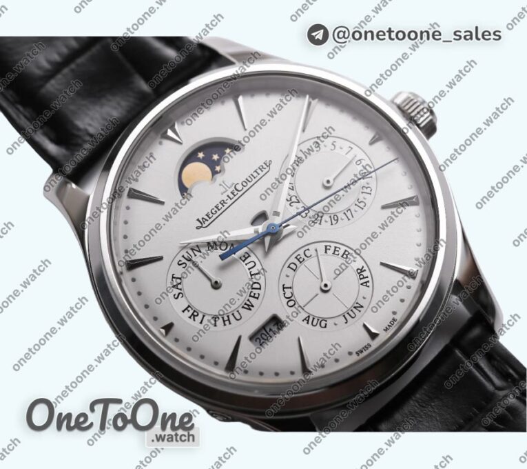 Реплика часов Jaeger-lecoultre Master Ultra Thin Perpetual Calendar Stainless steel Top-tier Копия один в один Gray&Black&White Dials Black Leather Strap V2