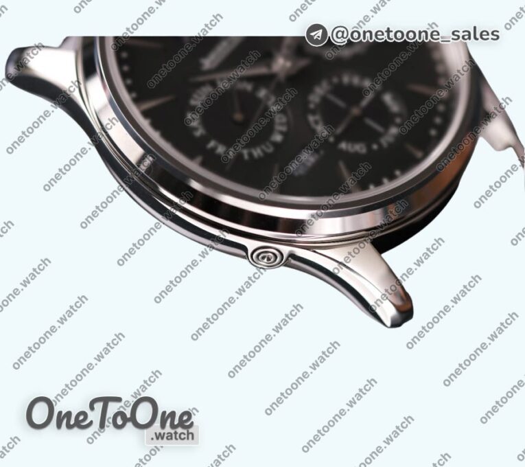 Реплика часов Jaeger-lecoultre Master Ultra Thin Perpetual Calendar Stainless steel Top-tier Копия один в один Gray&Black&White Dials Black Leather Strap V2