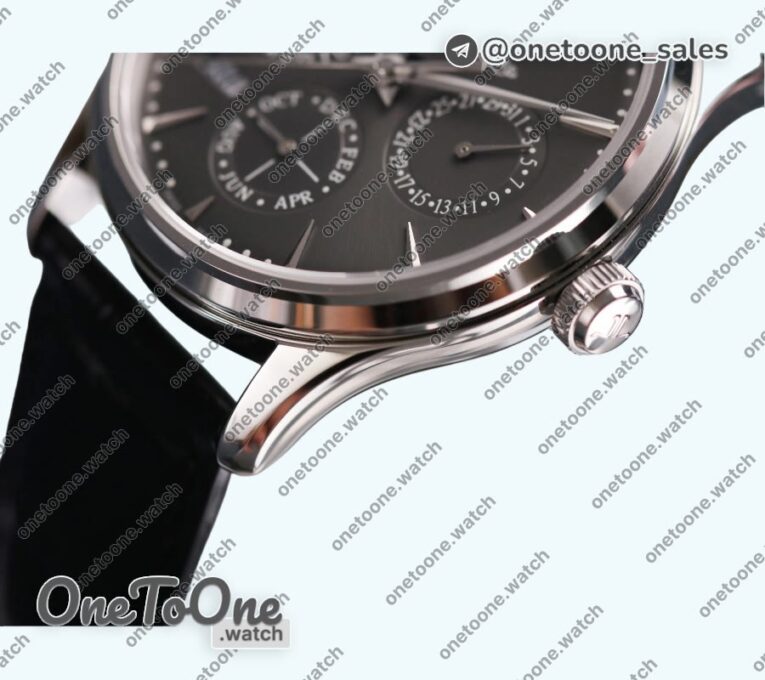 Реплика часов Jaeger-lecoultre Master Ultra Thin Perpetual Calendar Stainless steel Top-tier Копия один в один Gray&Black&White Dials Black Leather Strap V2