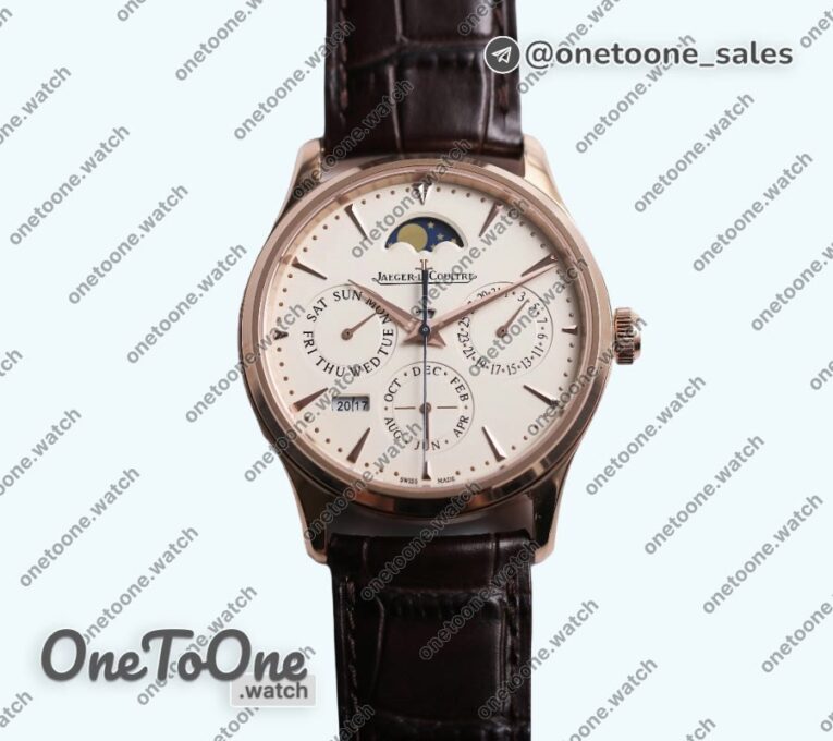 Реплика часов Jaeger-lecoultre Master Ultra Thin Perpetual Calendar Rose gold Top-tier Копия один в один Cream Dial Brown Leather Strap V2