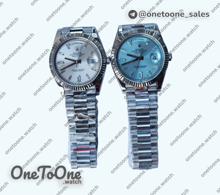 Реплика часов Rolex DayDate 40mm Fluted Pres 904L Stainless steel Silver&Blue dials Diamonds Marker Bracelet