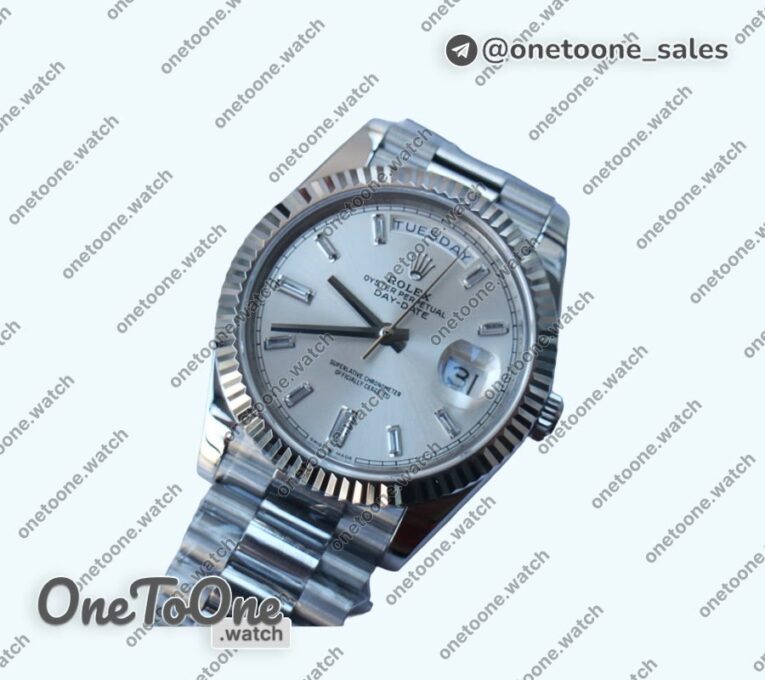 Реплика часов Rolex DayDate 40mm Fluted Pres 904L Stainless steel Silver&Blue dials Diamonds Marker Bracelet