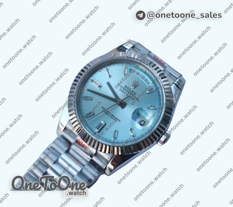 Реплика часов Rolex DayDate 40mm Fluted Pres 904L Stainless steel Silver&Blue dials Diamonds Marker Bracelet
