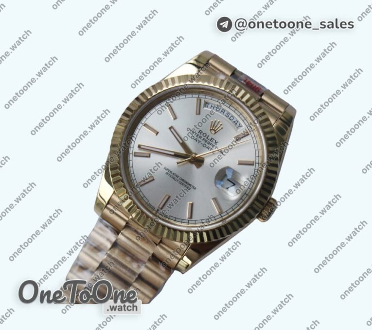 Реплика часов Rolex DayDate 40mm 904L Fluted Yellow gold/Yellow gold Gold&Green&Silver Dials Stick Marker Bracelet