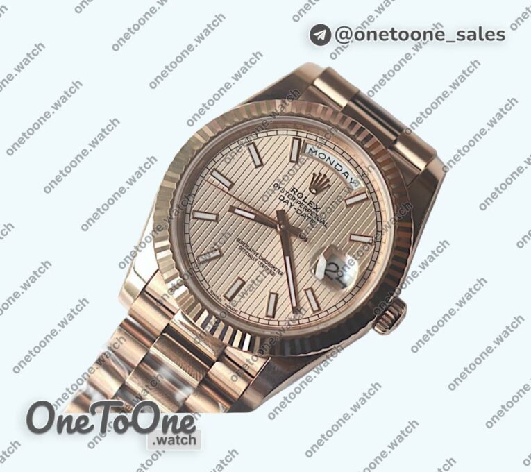 Реплика часов Rolex DayDate 40mm Fluted Rose gold/Rose gold Pink&Brown Dials Stick Marker Bracelet