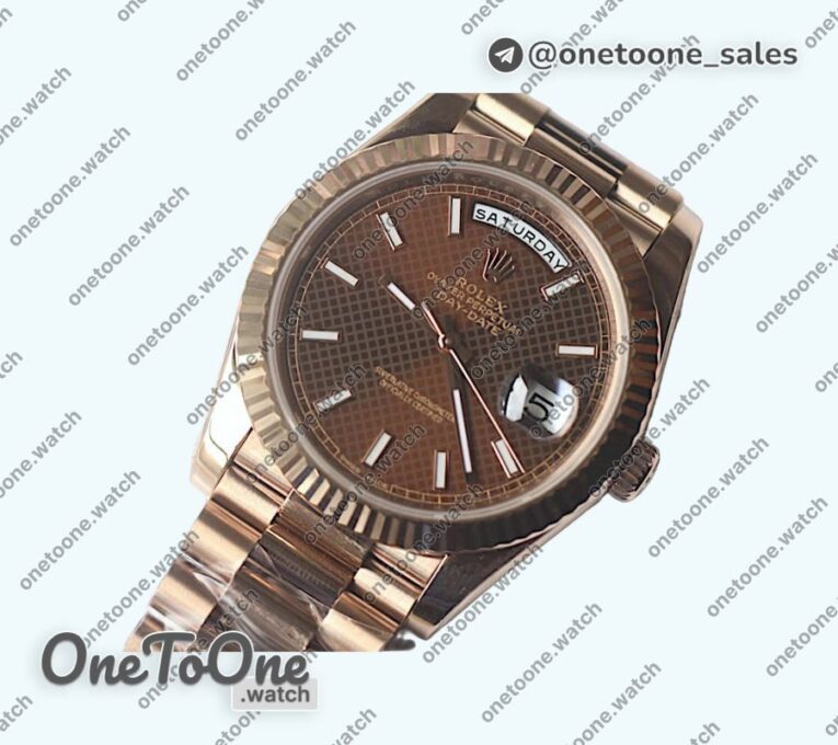 Реплика часов Rolex DayDate 40mm Fluted Rose gold/Rose gold Pink&Brown Dials Stick Marker Bracelet