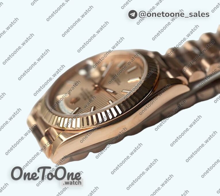 Реплика часов Rolex DayDate 40mm Fluted Rose gold/Rose gold Pink&Brown Dials Stick Marker Bracelet