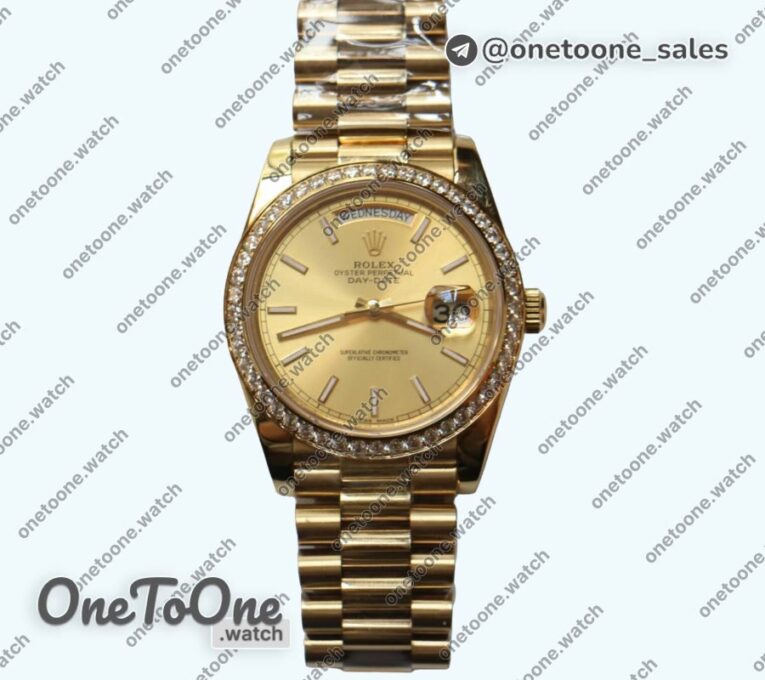 Реплика часов Rolex DayDate 36mm Diamonds Bezel Pres Yellow gold Gold Dial Stick Marker Bracelet