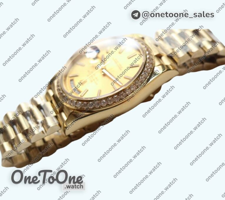 Реплика часов Rolex DayDate 36mm Diamonds Bezel Pres Yellow gold Gold Dial Stick Marker Bracelet