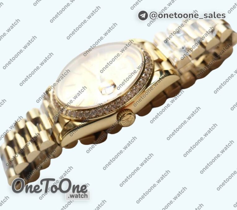 Реплика часов Rolex DayDate 36mm Diamonds Bezel Pres Yellow gold Gold Dial Stick Marker Bracelet
