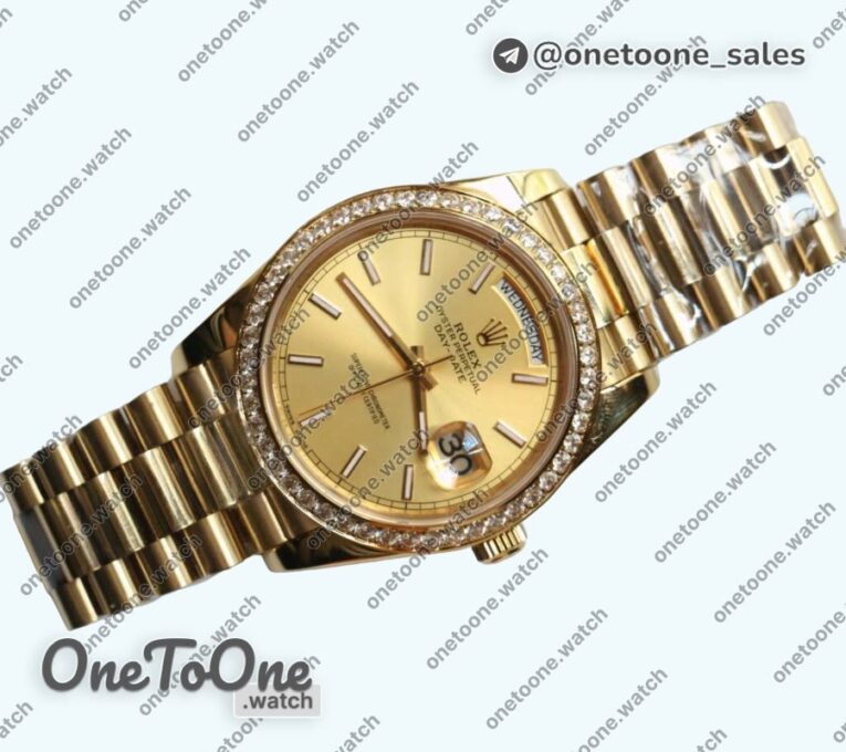 Реплика часов Rolex DayDate 36mm Diamonds Bezel Pres Yellow gold Gold Dial Stick Marker Bracelet