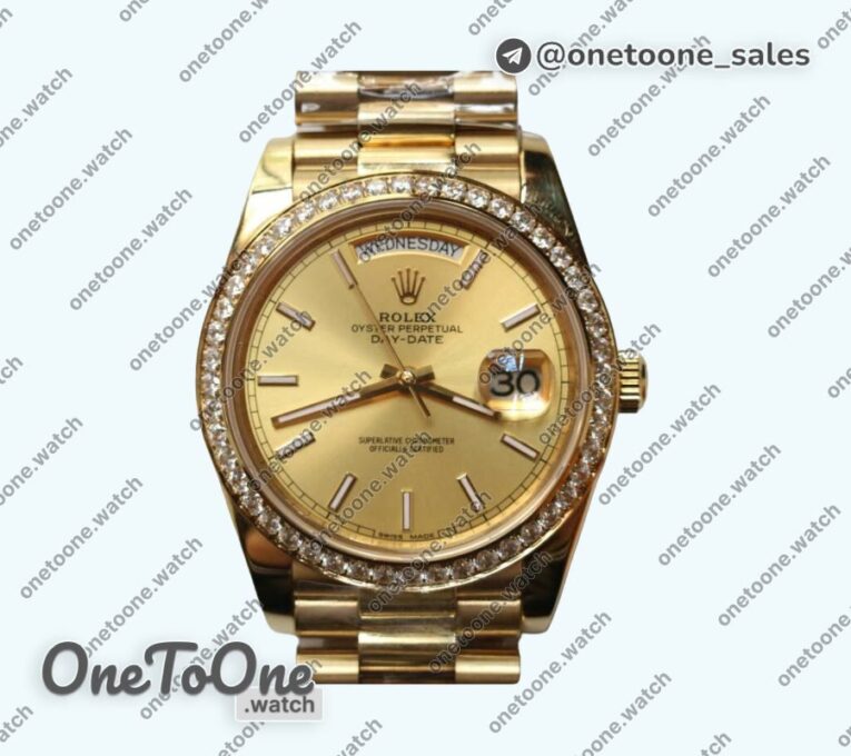 Реплика часов Rolex DayDate 36mm Diamonds Bezel Pres Yellow gold Gold Dial Stick Marker Bracelet