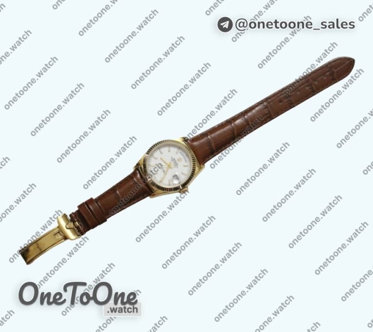 Реплика часов Rolex DayDate 36mm Fluted Pres Yellow gold White Dial Stick Marker Leather