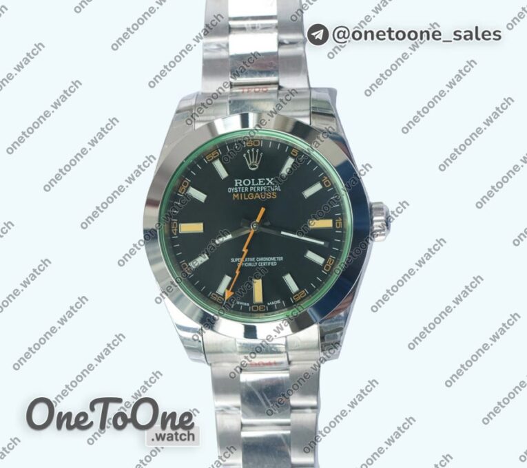 Реплика часов Rolex Milgauss 116400 GV Green Sapphire 904L Top-tier Копия один в один Black Dial Stainless steel Bracelet D
