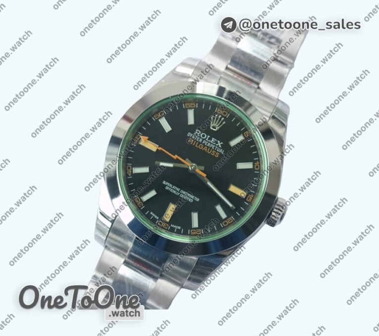 Реплика часов Rolex Milgauss 116400 GV Green Sapphire 904L Top-tier Копия один в один Black Dial Stainless steel Bracelet D