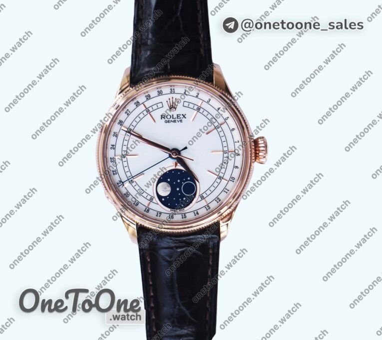 Реплика часов Rolex Cellini 50535 Moonphase 904L Rose gold White Dial Leather K Mod