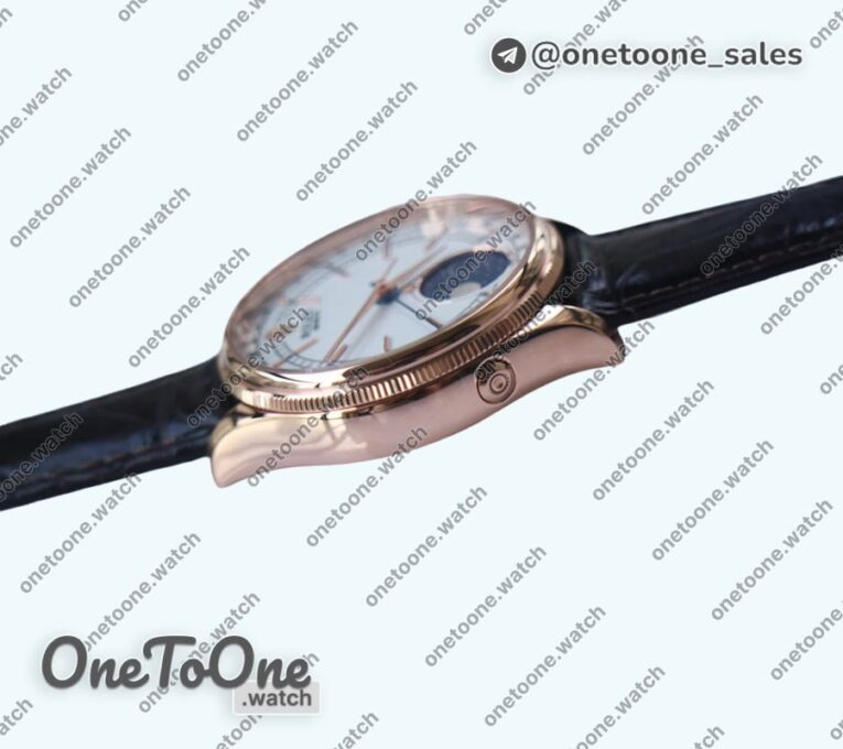 Реплика часов Rolex Cellini 50535 Moonphase 904L Rose gold White Dial Leather K Mod