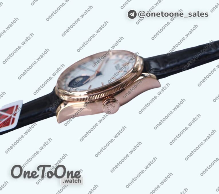 Реплика часов Rolex Cellini 50535 Moonphase 904L Rose gold White Dial Leather K Mod