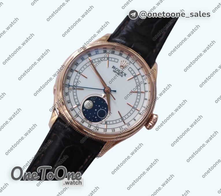 Реплика часов Rolex Cellini 50535 Moonphase 904L Rose gold White Dial Leather K Mod