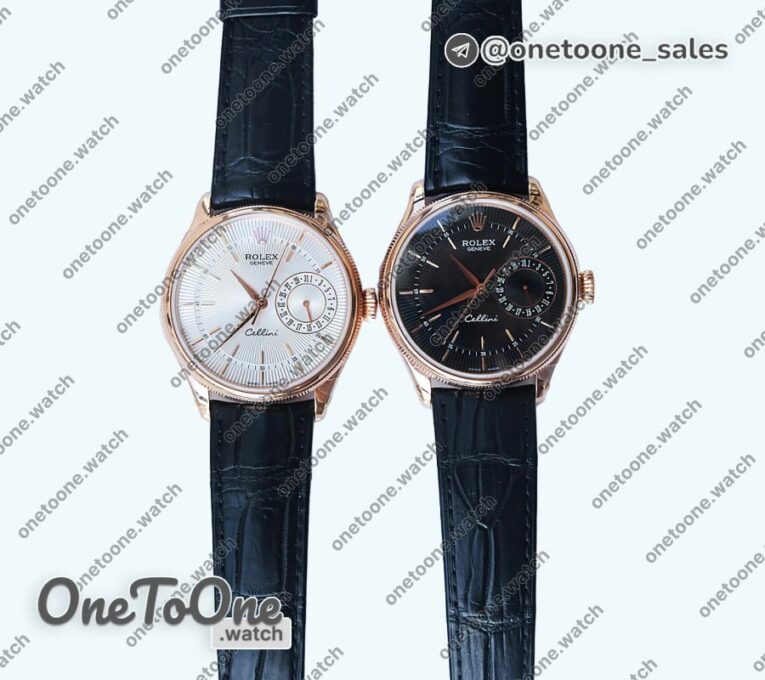 Реплика часов Rolex Cellini Date 39mm Rose gold Black&White Dials Leather Asia 3165 Mod