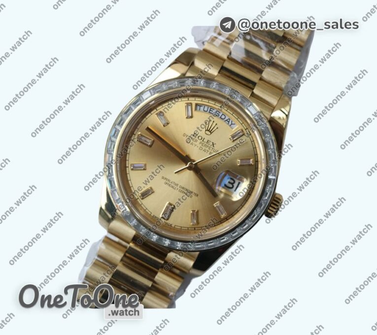 Реплика часов Rolex DayDate 40mm Diamonds Bezel Yellow gold Black&Gold Dials Dialmonds Marker Bracelet