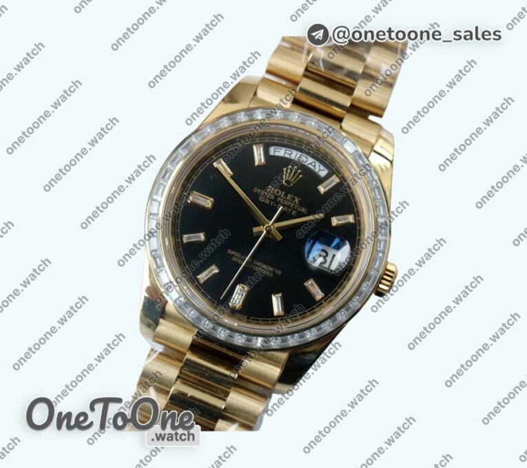 Реплика часов Rolex DayDate 40mm Diamonds Bezel Yellow gold Black&Gold Dials Dialmonds Marker Bracelet