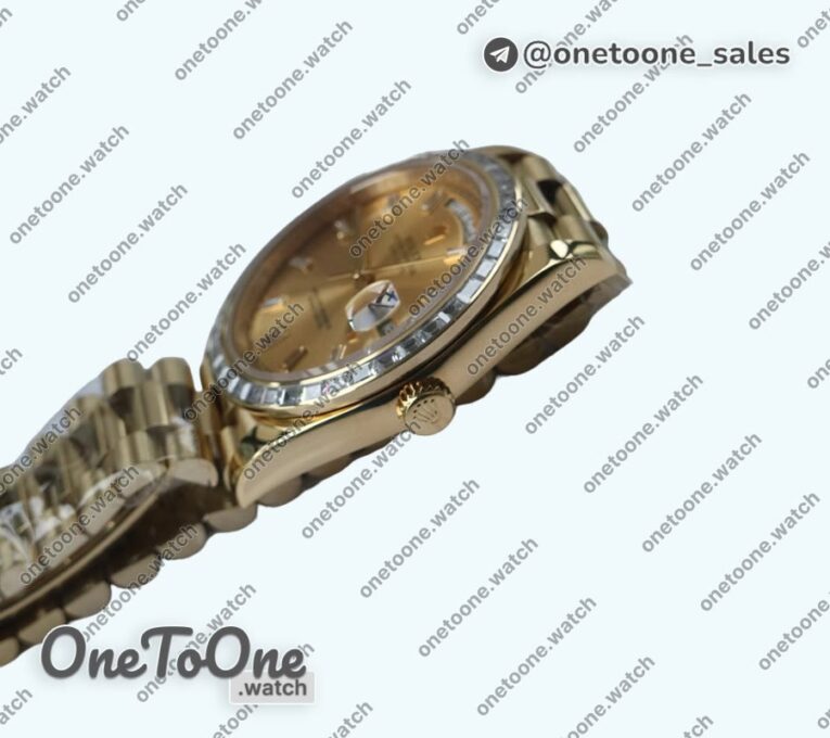Реплика часов Rolex DayDate 40mm Diamonds Bezel Yellow gold Black&Gold Dials Dialmonds Marker Bracelet