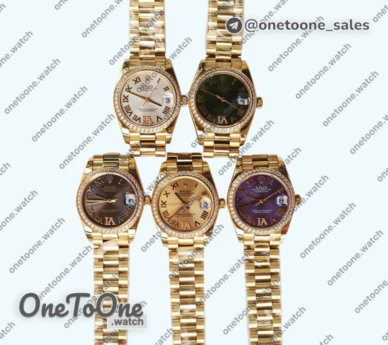 Реплика часов Rolex DateJust 31mm Yellow gold Diamonds Bezel 5 Dials Roman Marker Bracelet