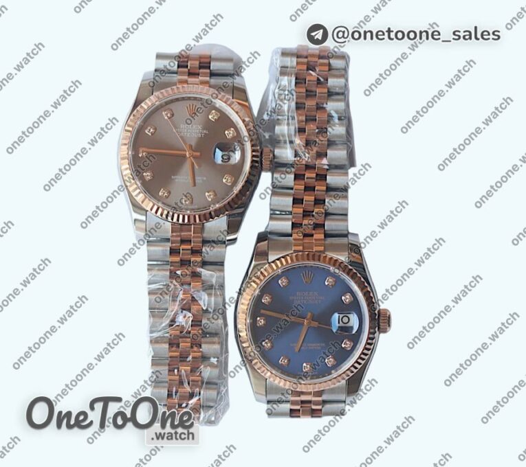Реплика часов Rolex DateJust 36mm Fluted Bezel Stainless steel/Rose gold Blue&Grey Dials Diamonds Marker Jubilee Bracelet