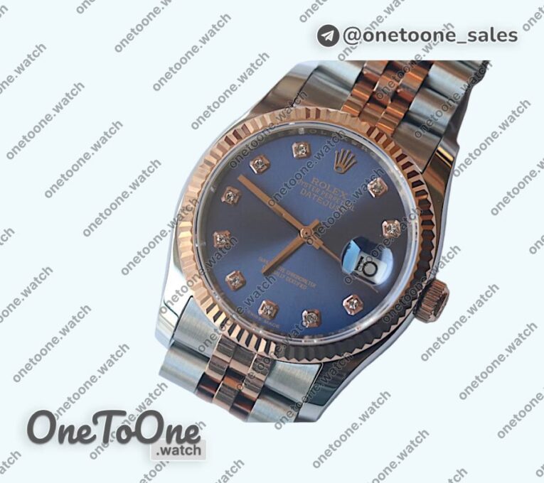 Реплика часов Rolex DateJust 36mm Fluted Bezel Stainless steel/Rose gold Blue&Grey Dials Diamonds Marker Jubilee Bracelet
