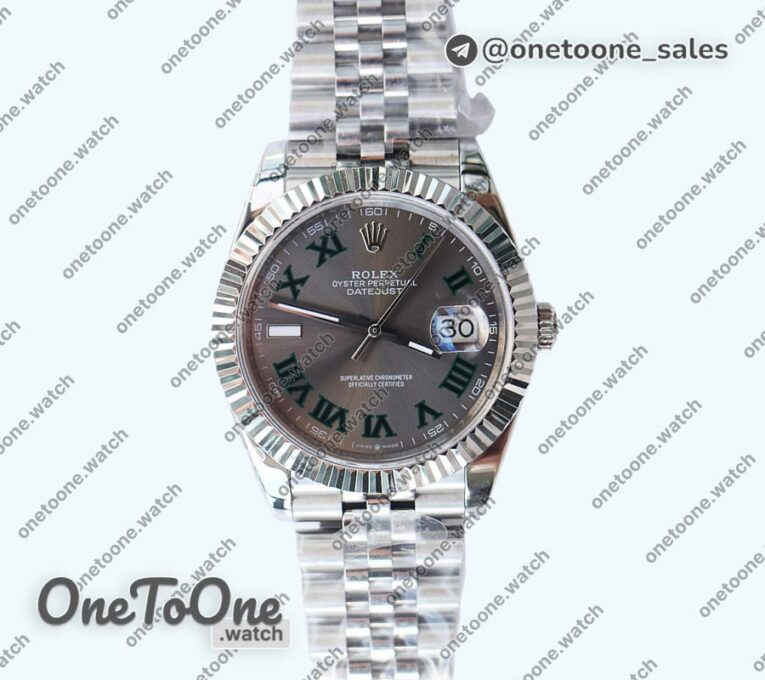 Реплика часов Rolex DateJust 41mm Fluted Bezel Stainless steel Grey Dial Roman Marker Jubilee Bracelet