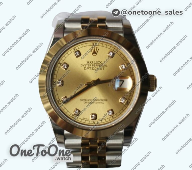 Реплика часов Rolex DateJust 41mm Smooth Bezel Stainless steel/Yellow gold Gold Dial Diamonds Marker Jubilee Bracelet
