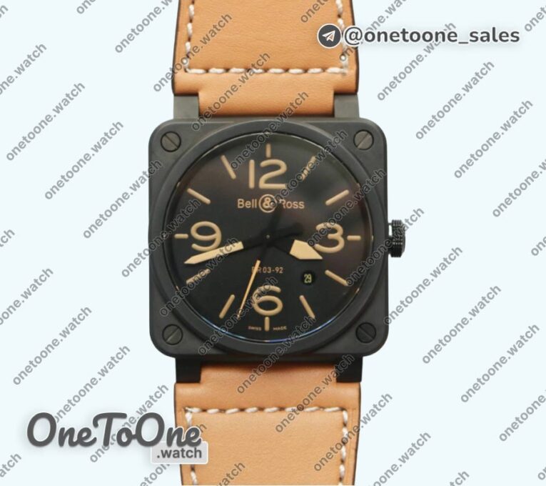 Реплика часов Bell&ross BR 03-92 PVD Case Black Dial Brown Num 42.5mm Leather Strap MIYOTA 9015