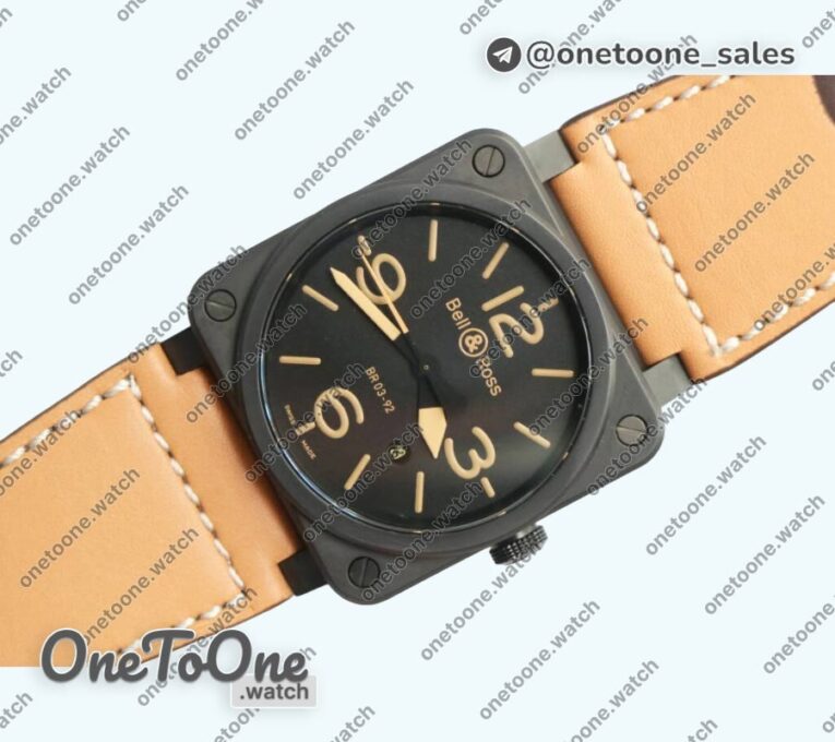 Реплика часов Bell&ross BR 03-92 PVD Case Black Dial Brown Num 42.5mm Leather Strap MIYOTA 9015