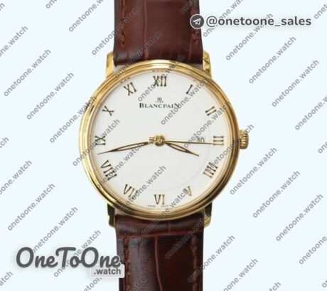 Реплика часов Blancpain Villeret 6651 Yellow gold Top-tier Копия один в один White Dial Brown Leather Strap