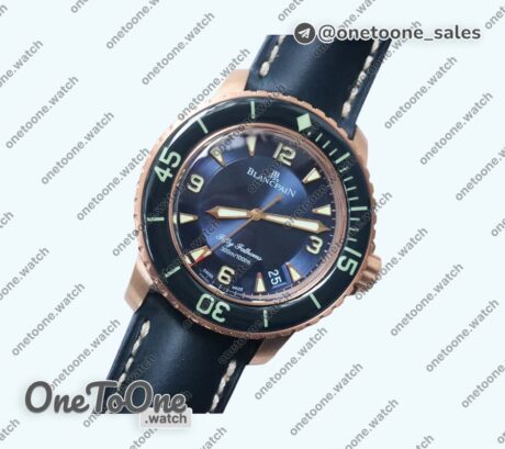 Реплика часов Blancpain Fifty Fathoms Rose gold Blue Top-tier Копия один в один Black Dial Sail-canvas Strap (Free Extra Strap)