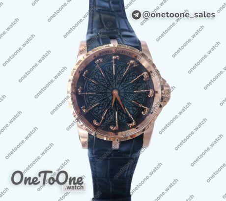 Реплика часов Roger Dubuis Excalibur Knights of the Round Table II Rose gold Top-tier Копия один в один Black Dial Black Leather Strap MIYOTA 9015