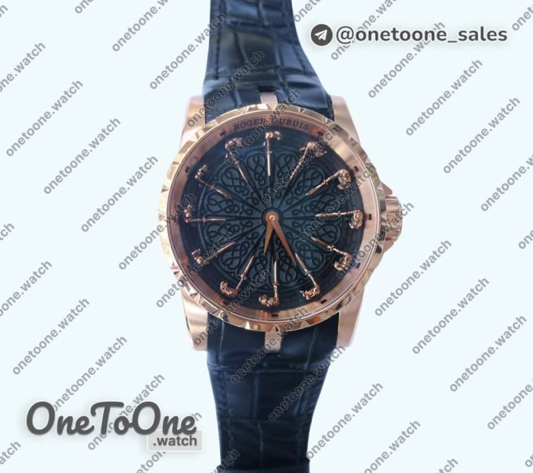 Реплика часов Roger Dubuis Excalibur Knights of the Round Table II Rose gold Top-tier Копия один в один Black Dial Black Leather Strap MIYOTA 9015