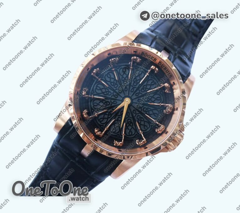 Реплика часов Roger Dubuis Excalibur Knights of the Round Table II Rose gold Top-tier Копия один в один Black Dial Black Leather Strap MIYOTA 9015