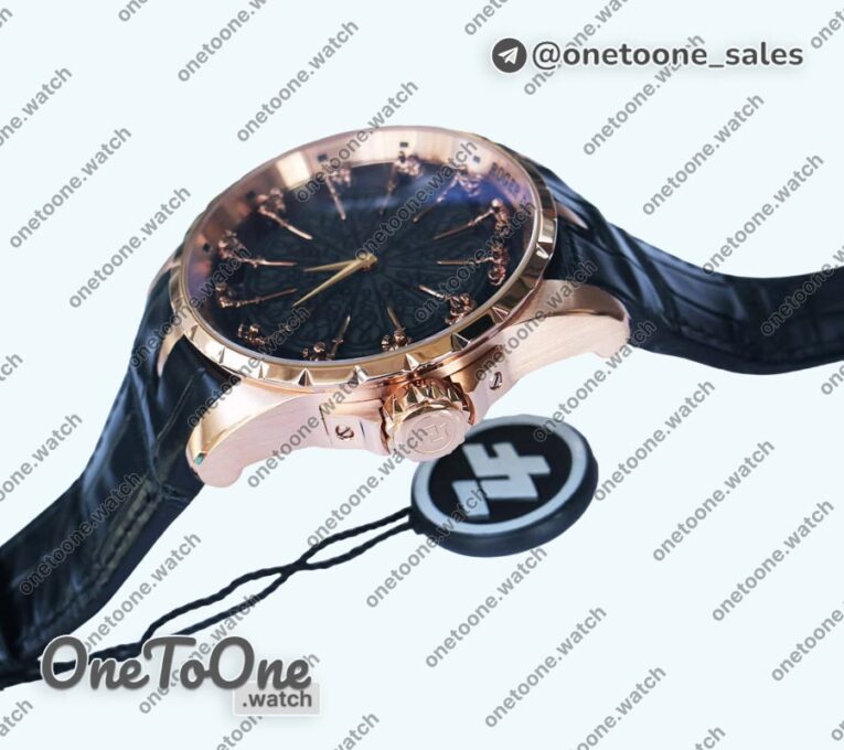 Реплика часов Roger Dubuis Excalibur Knights of the Round Table II Rose gold Top-tier Копия один в один Black Dial Black Leather Strap MIYOTA 9015