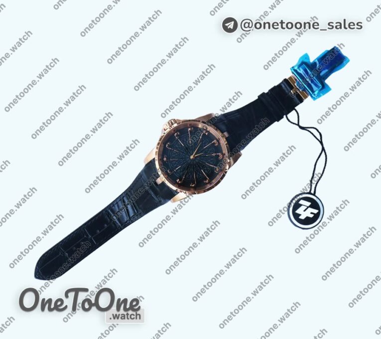 Реплика часов Roger Dubuis Excalibur Knights of the Round Table II Rose gold Top-tier Копия один в один Black Dial Black Leather Strap MIYOTA 9015