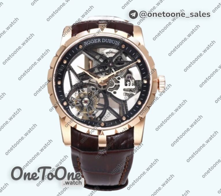 Реплика часов Roger Dubuis Excalibur Rddbex0393 Rose gold Top-tier Копия один в один Skeleton Dial Leather Strap Tourbillon