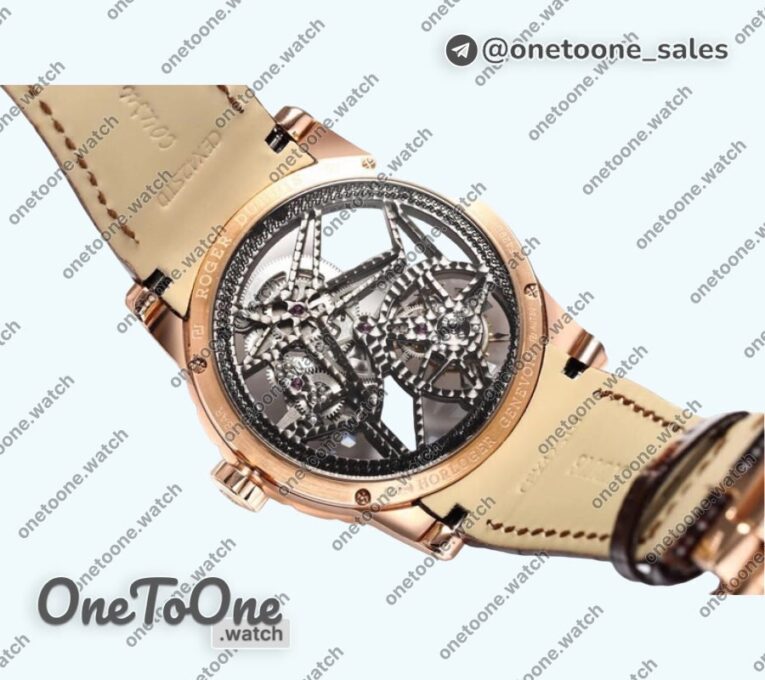 Реплика часов Roger Dubuis Excalibur Rddbex0393 Rose gold Top-tier Копия один в один Skeleton Dial Leather Strap Tourbillon