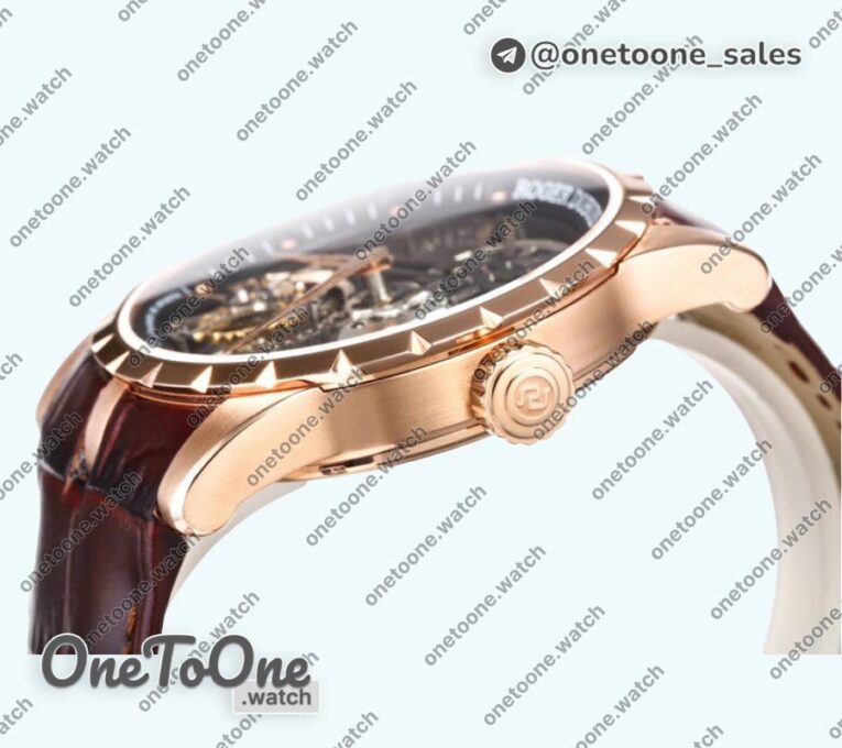 Реплика часов Roger Dubuis Excalibur Rddbex0393 Rose gold Top-tier Копия один в один Skeleton Dial Leather Strap Tourbillon