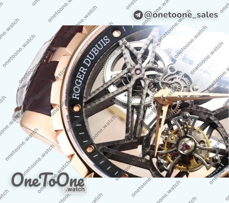 Реплика часов Roger Dubuis Excalibur Rddbex0393 Rose gold Top-tier Копия один в один Skeleton Dial Leather Strap Tourbillon