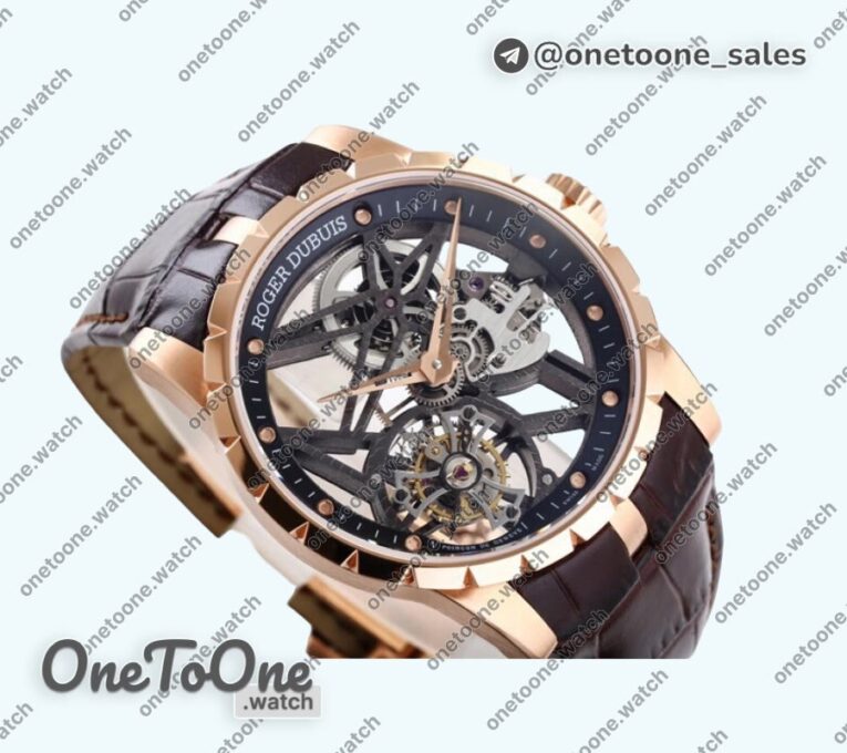 Реплика часов Roger Dubuis Excalibur Rddbex0393 Rose gold Top-tier Копия один в один Skeleton Dial Leather Strap Tourbillon