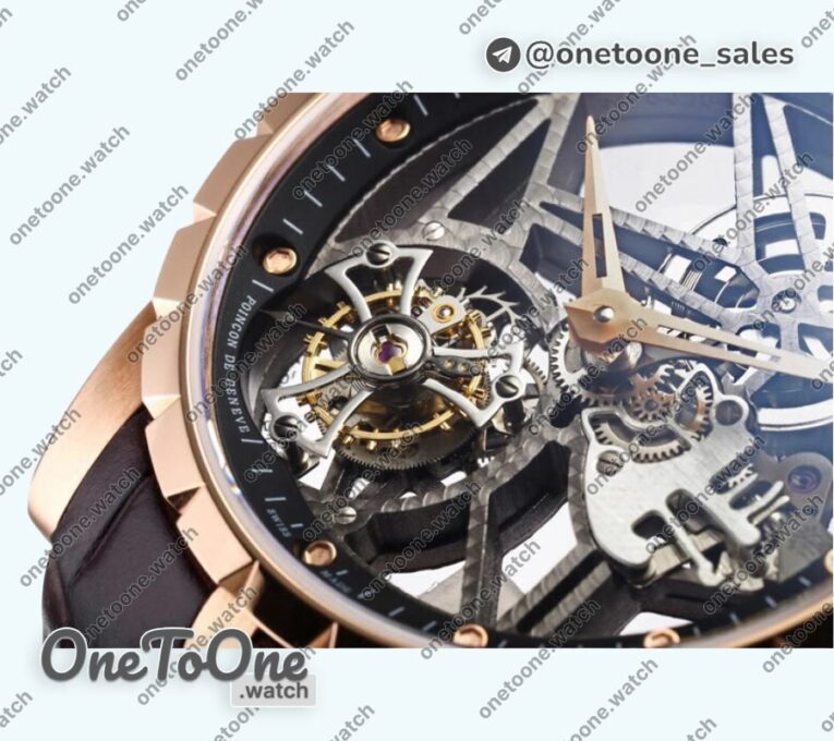 Реплика часов Roger Dubuis Excalibur Rddbex0393 Rose gold Top-tier Копия один в один Skeleton Dial Leather Strap Tourbillon