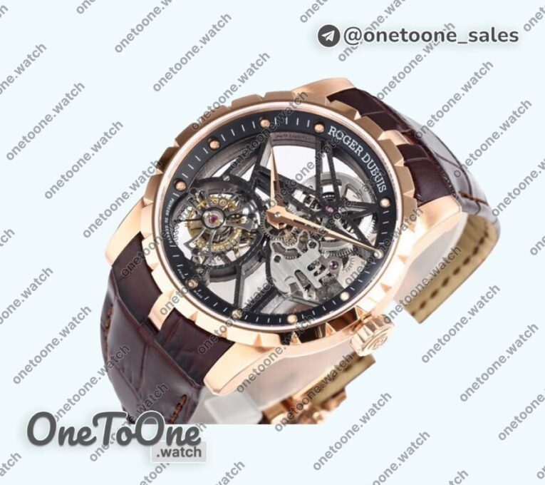 Реплика часов Roger Dubuis Excalibur Rddbex0393 Rose gold Top-tier Копия один в один Skeleton Dial Leather Strap Tourbillon